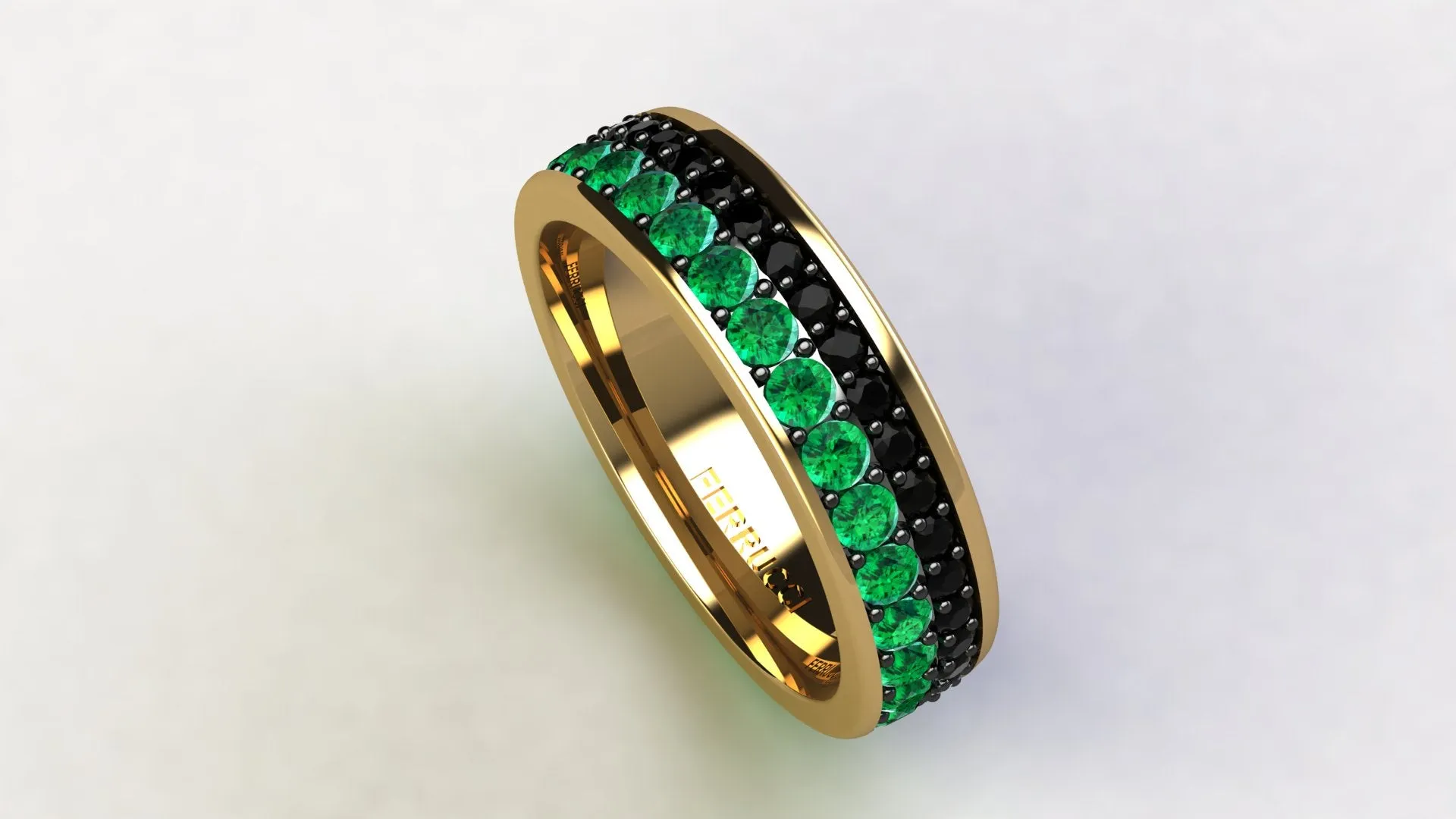 1.3 Carat Emeralds Black diamonds Pavé Eternity Ring in 18 Karat Yellow Gold
