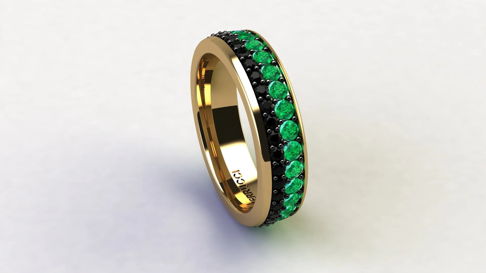 1.3 Carat Emeralds Black diamonds Pavé Eternity Ring in 18 Karat Yellow Gold