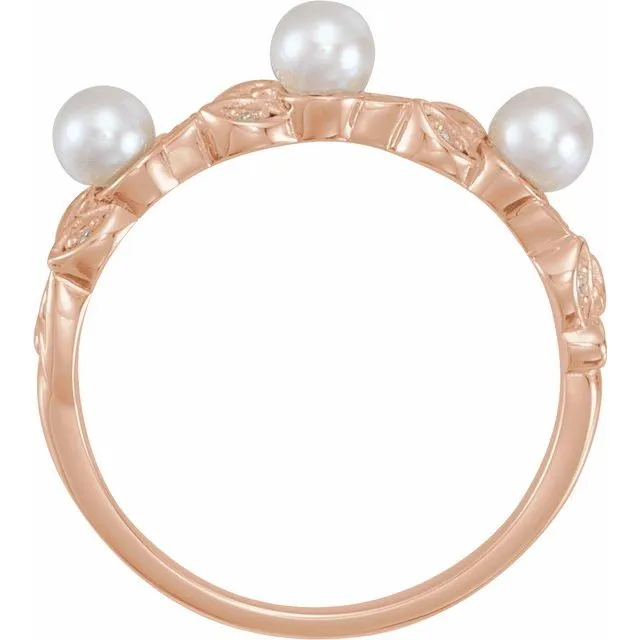 14K Rose Cultured White Seed Pearl & .03 CTW Natural Diamond Stackable Leaf Pattern Ring