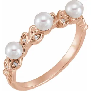14K Rose Cultured White Seed Pearl & .03 CTW Natural Diamond Stackable Leaf Pattern Ring