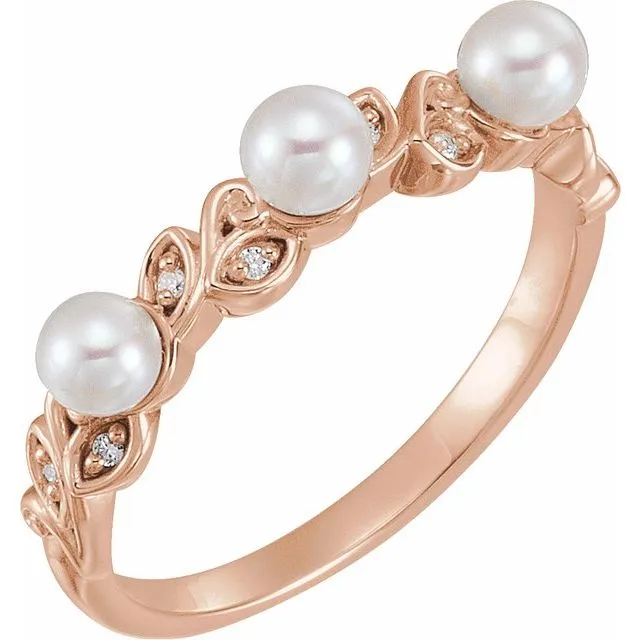 14K Rose Cultured White Seed Pearl & .03 CTW Natural Diamond Stackable Leaf Pattern Ring