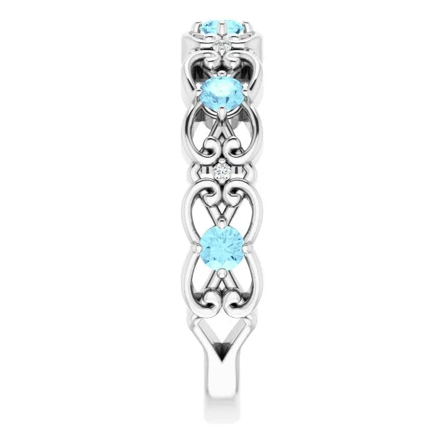 14K White Natural Aquamarine & .02 CTW Natural Diamond Scroll Ring