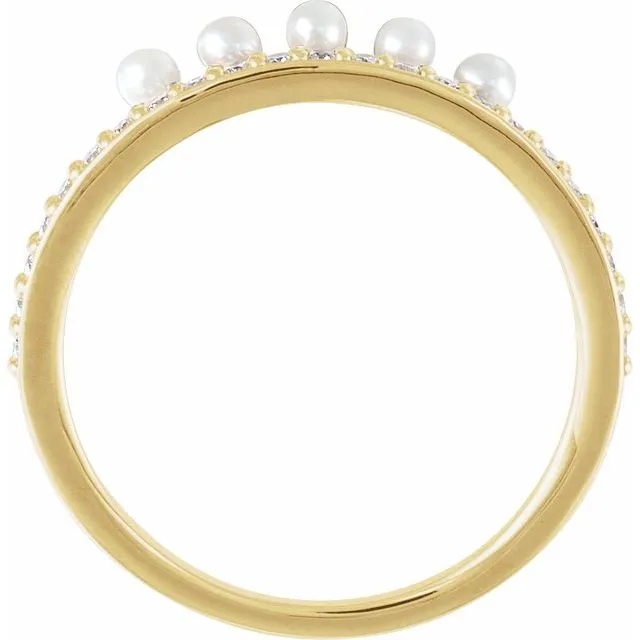 14K Yellow Cultured White Freshwater Pearl & 1/5 CTW Natural Diamond Stackable Ring