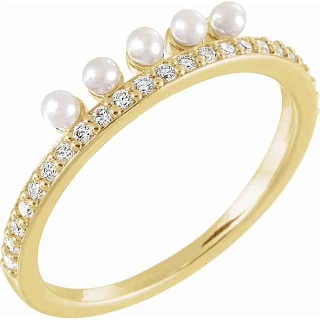 14K Yellow Cultured White Freshwater Pearl & 1/5 CTW Natural Diamond Stackable Ring