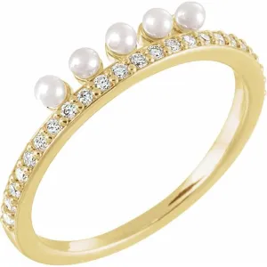 14K Yellow Cultured White Freshwater Pearl & 1/5 CTW Natural Diamond Stackable Ring