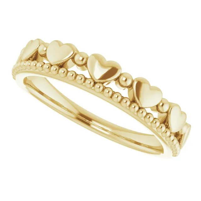14K Yellow Stackable Beaded Heart Ring