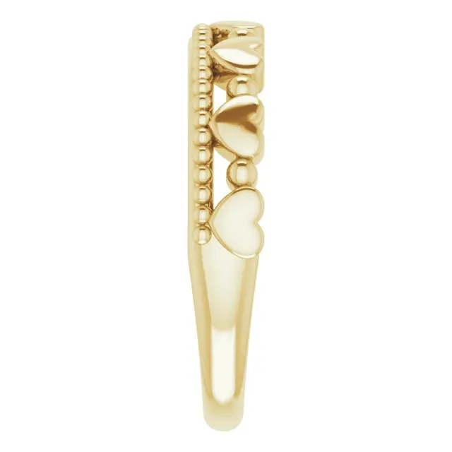 14K Yellow Stackable Beaded Heart Ring