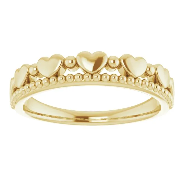 14K Yellow Stackable Beaded Heart Ring