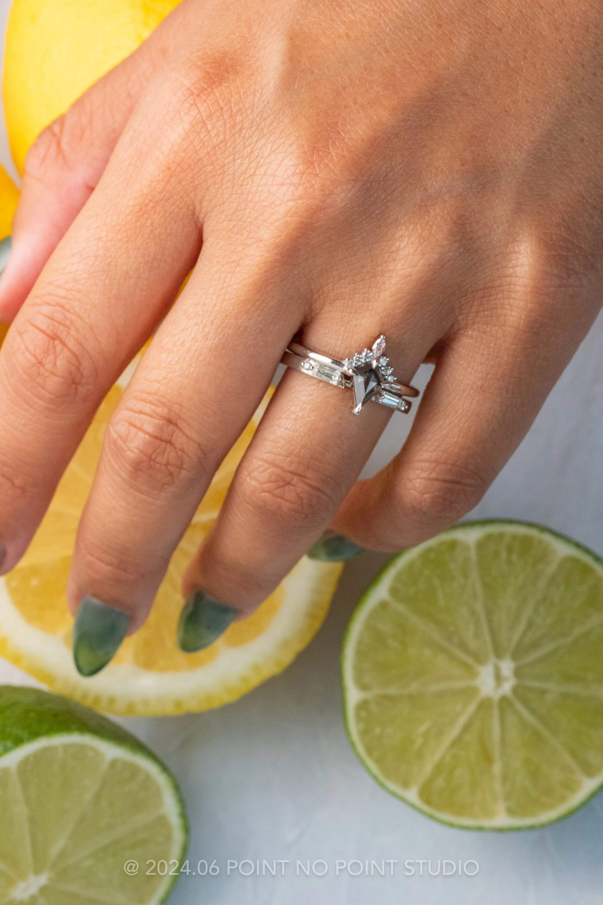 .86 Carat Black Speckled Kite Diamond Engagement Ring, Ava Setting, Platinum