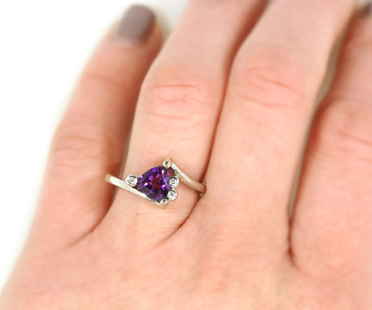 Amethyst Trillion Diamond Twist Bypass Modern Wedding Ring
