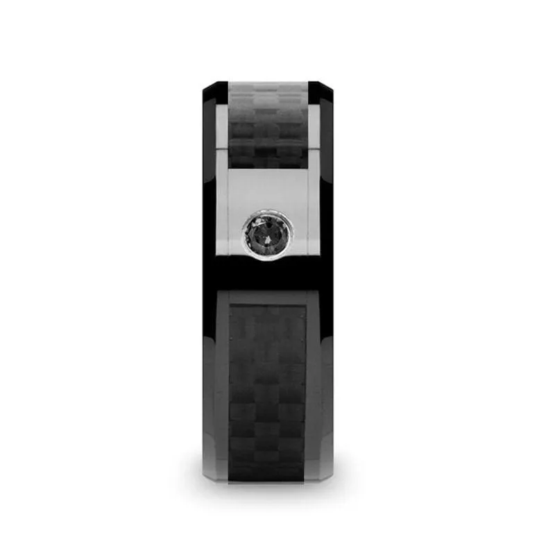 APOLLO Black Ceramic Ring With Black Diamond Setting & Black Carbon Fiber Inlay 8mm