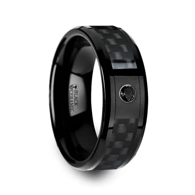 APOLLO Black Ceramic Ring With Black Diamond Setting & Black Carbon Fiber Inlay 8mm