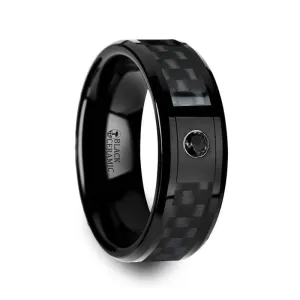 APOLLO Black Ceramic Ring With Black Diamond Setting & Black Carbon Fiber Inlay 8mm