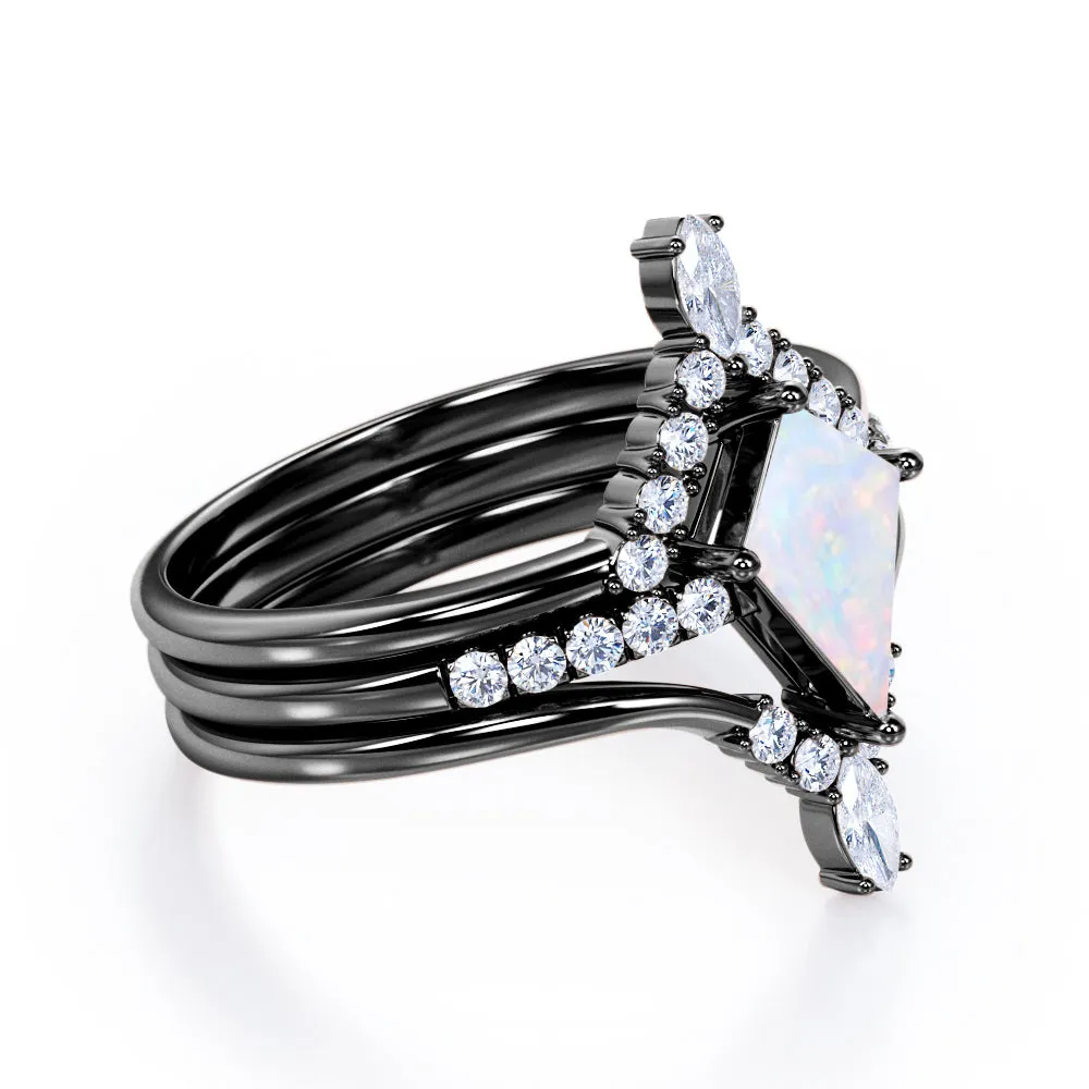 Artistic Chevron 1.5 carat Kite shaped Ethiopian Opal and diamond V-shaped trio wedding ring set for women in Rose gold