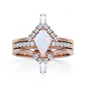 Artistic Chevron 1.5 carat Kite shaped Ethiopian Opal and diamond V-shaped trio wedding ring set for women in Rose gold