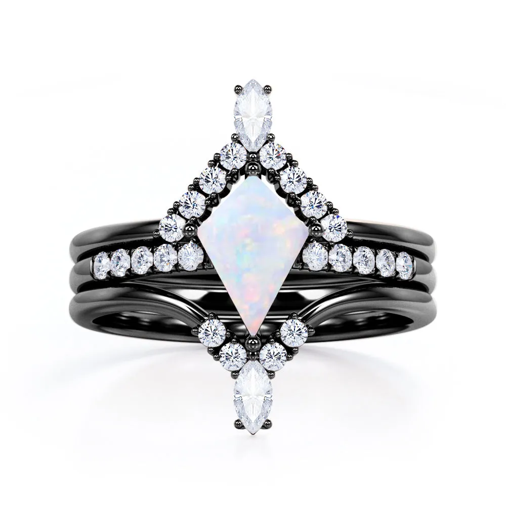 Artistic Chevron 1.5 carat Kite shaped Ethiopian Opal and diamond V-shaped trio wedding ring set for women in Rose gold