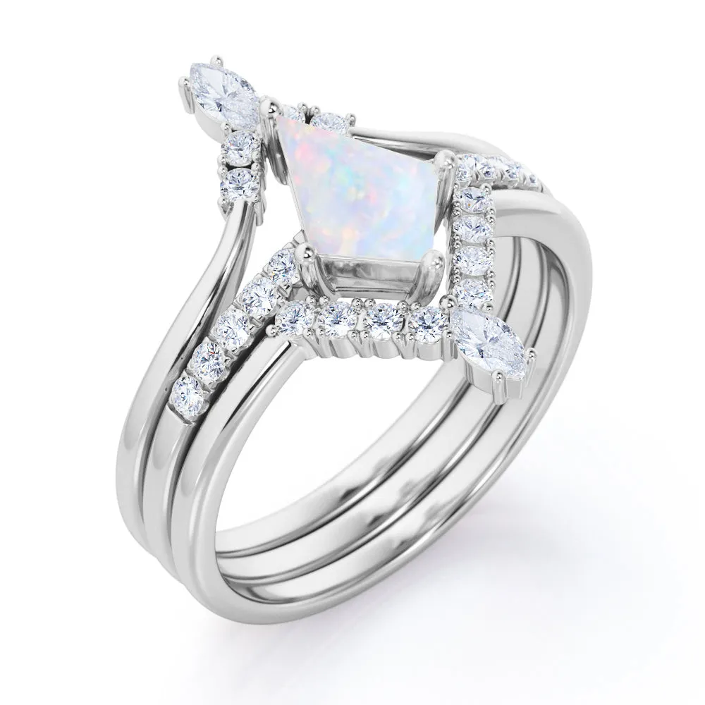 Artistic Chevron 1.5 carat Kite shaped Ethiopian Opal and diamond V-shaped trio wedding ring set for women in Rose gold