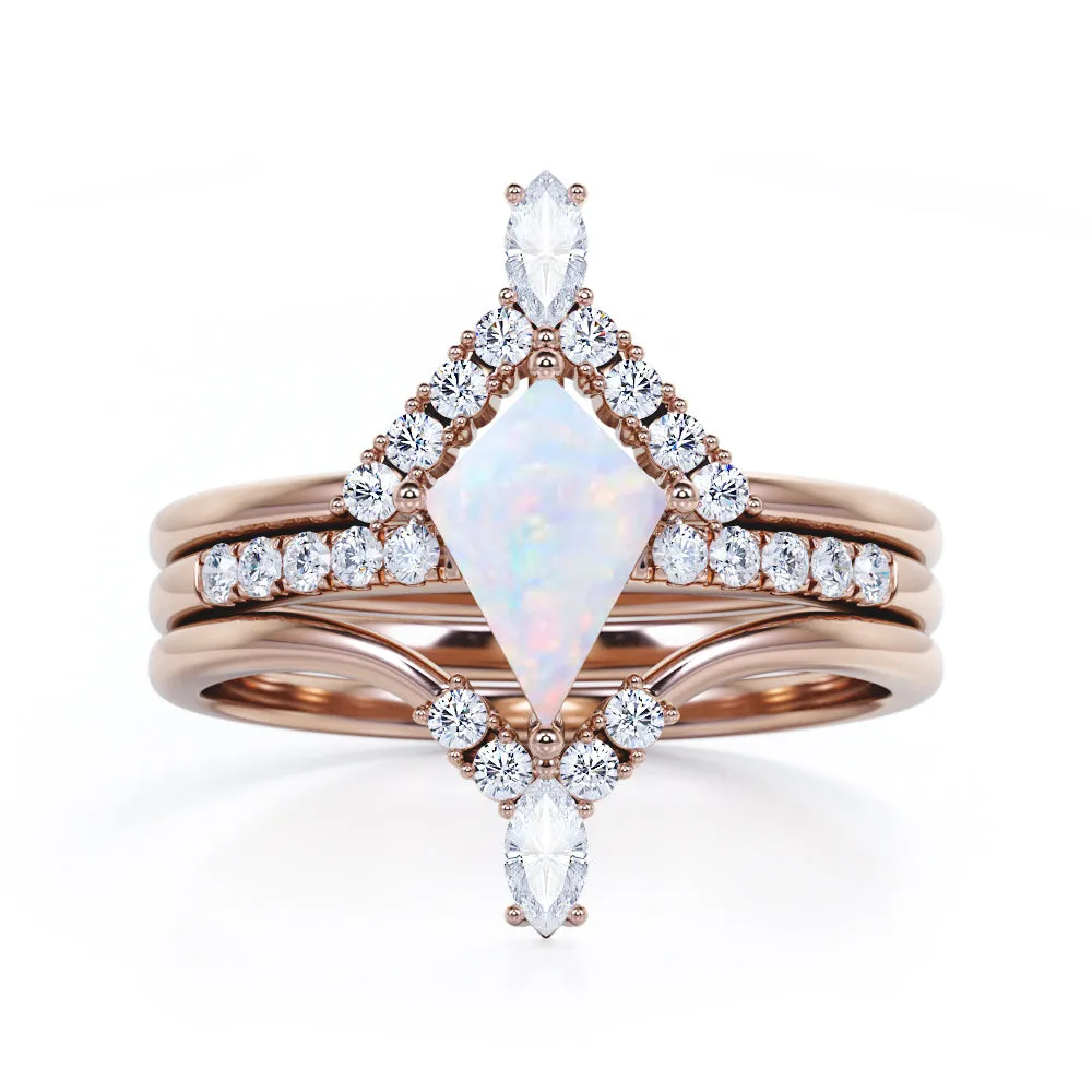 Artistic Chevron 1.5 carat Kite shaped Ethiopian Opal and diamond V-shaped trio wedding ring set for women in Rose gold