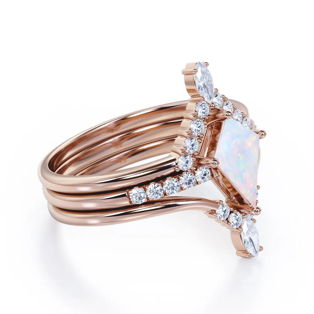 Artistic Chevron 1.5 carat Kite shaped Ethiopian Opal and diamond V-shaped trio wedding ring set for women in Rose gold