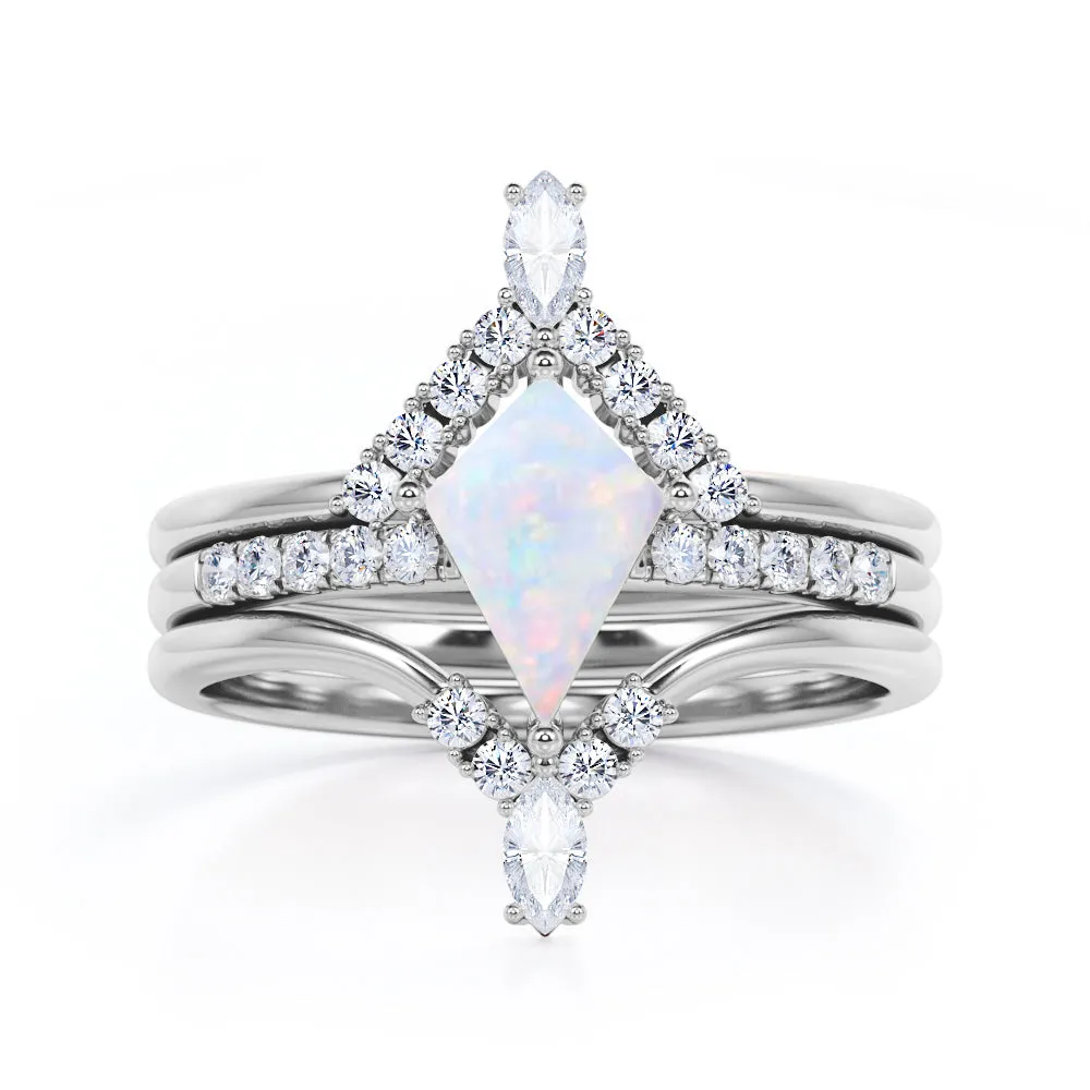 Artistic Chevron 1.5 carat Kite shaped Ethiopian Opal and diamond V-shaped trio wedding ring set for women in Rose gold