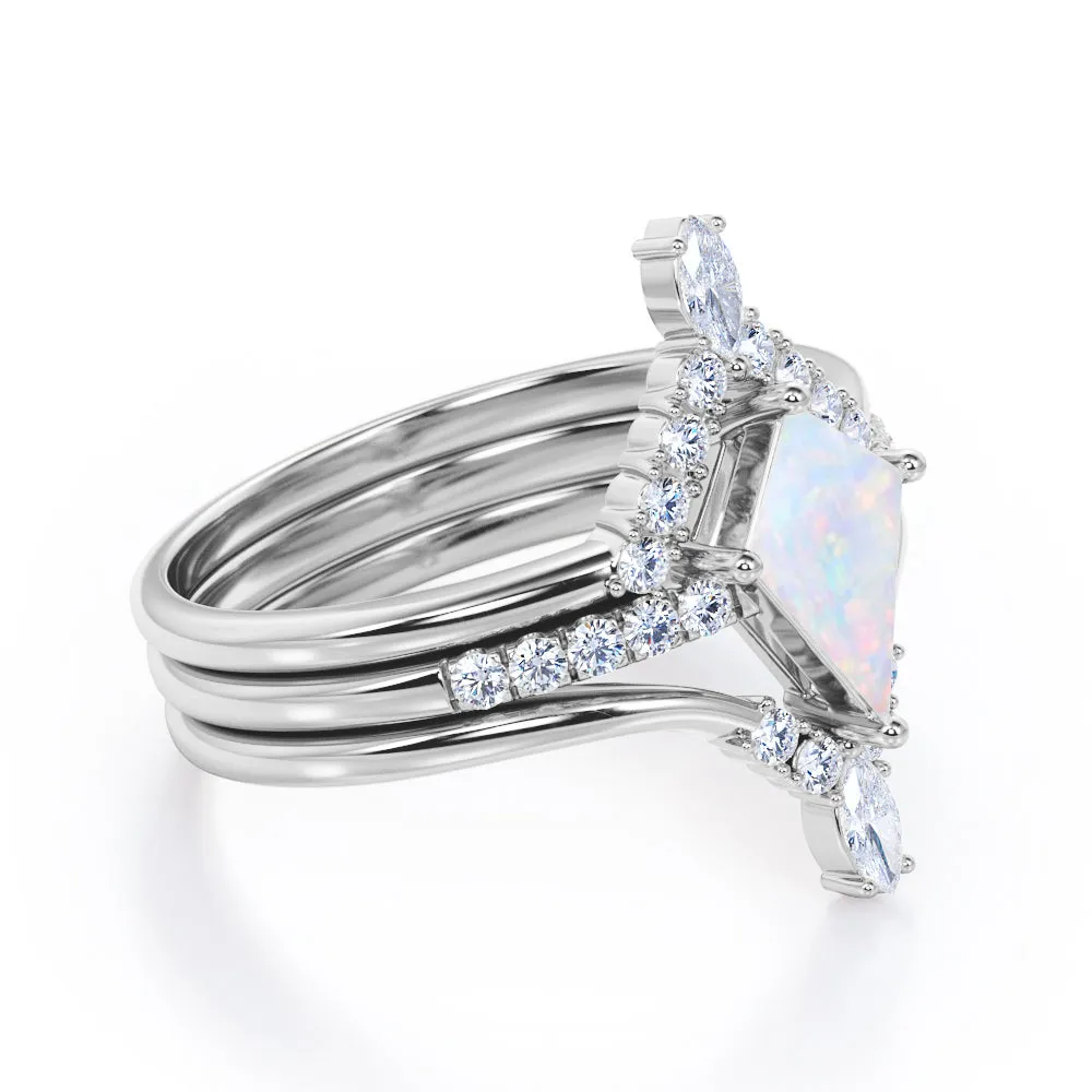 Artistic Chevron 1.5 carat Kite shaped Ethiopian Opal and diamond V-shaped trio wedding ring set for women in Rose gold