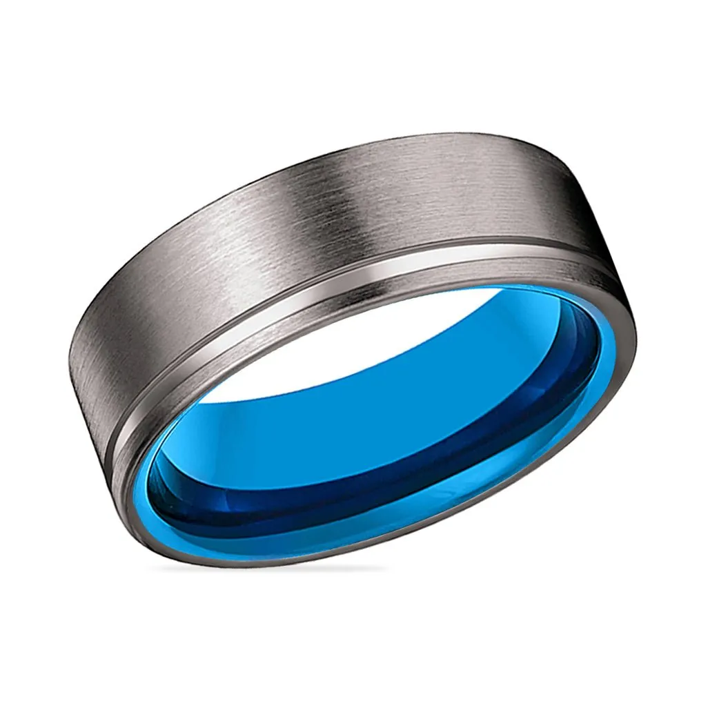 AZRAQ | Blue Tungsten Ring, Gunmetal Tungsten Offset Groove