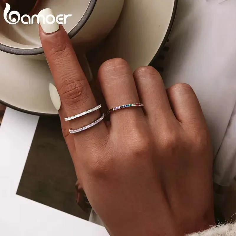 BAMOER 925 Silver Rainbow CZ Eternity Ring