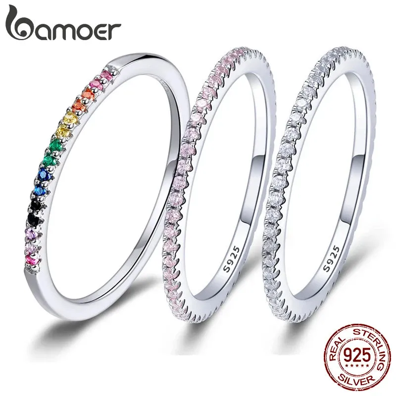 BAMOER 925 Silver Rainbow CZ Eternity Ring