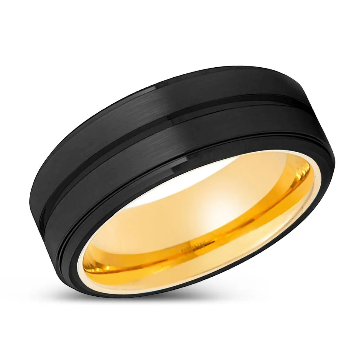 BAZOOKA | Gold Ring, Black Tungsten Ring, Grooved, Stepped Edge