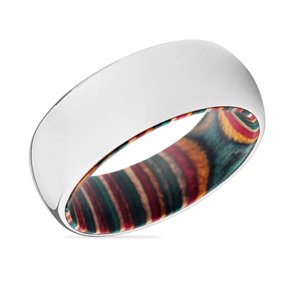 BENDER | Multi Color Wood, Silver Tungsten Ring, Shiny, Domed
