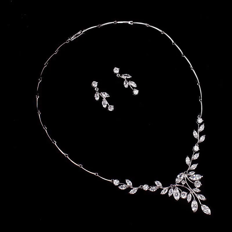 BEST SELLER - Simple Leaf Bridal Crystal Wedding Jewellery Set, Cubic Zirconia Necklace and Earrings Set