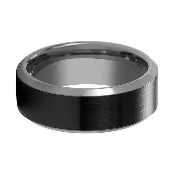 Beveled Black Tungsten Carbide Ring With Brushed Black Ceramic Center 6mm & 8mm