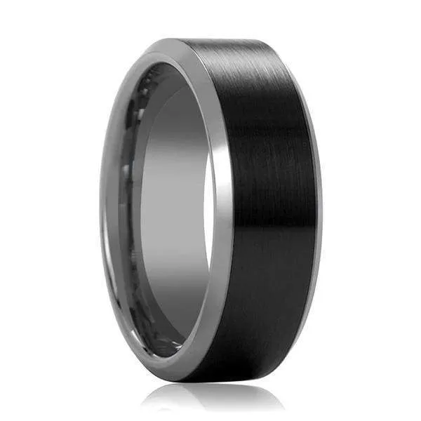 Beveled Black Tungsten Carbide Ring With Brushed Black Ceramic Center 6mm & 8mm