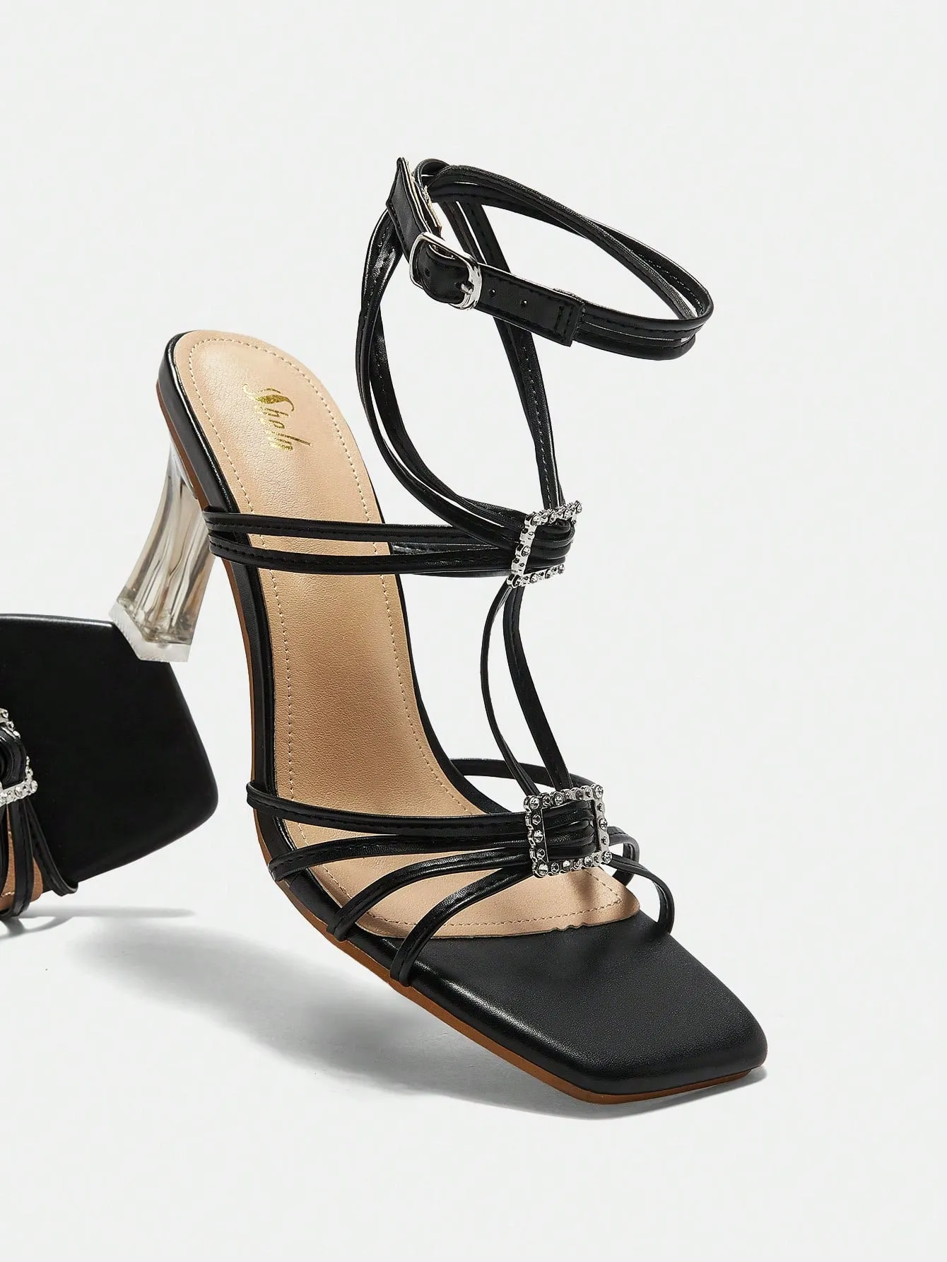 Black Ankle Strap High Heeled Sandals