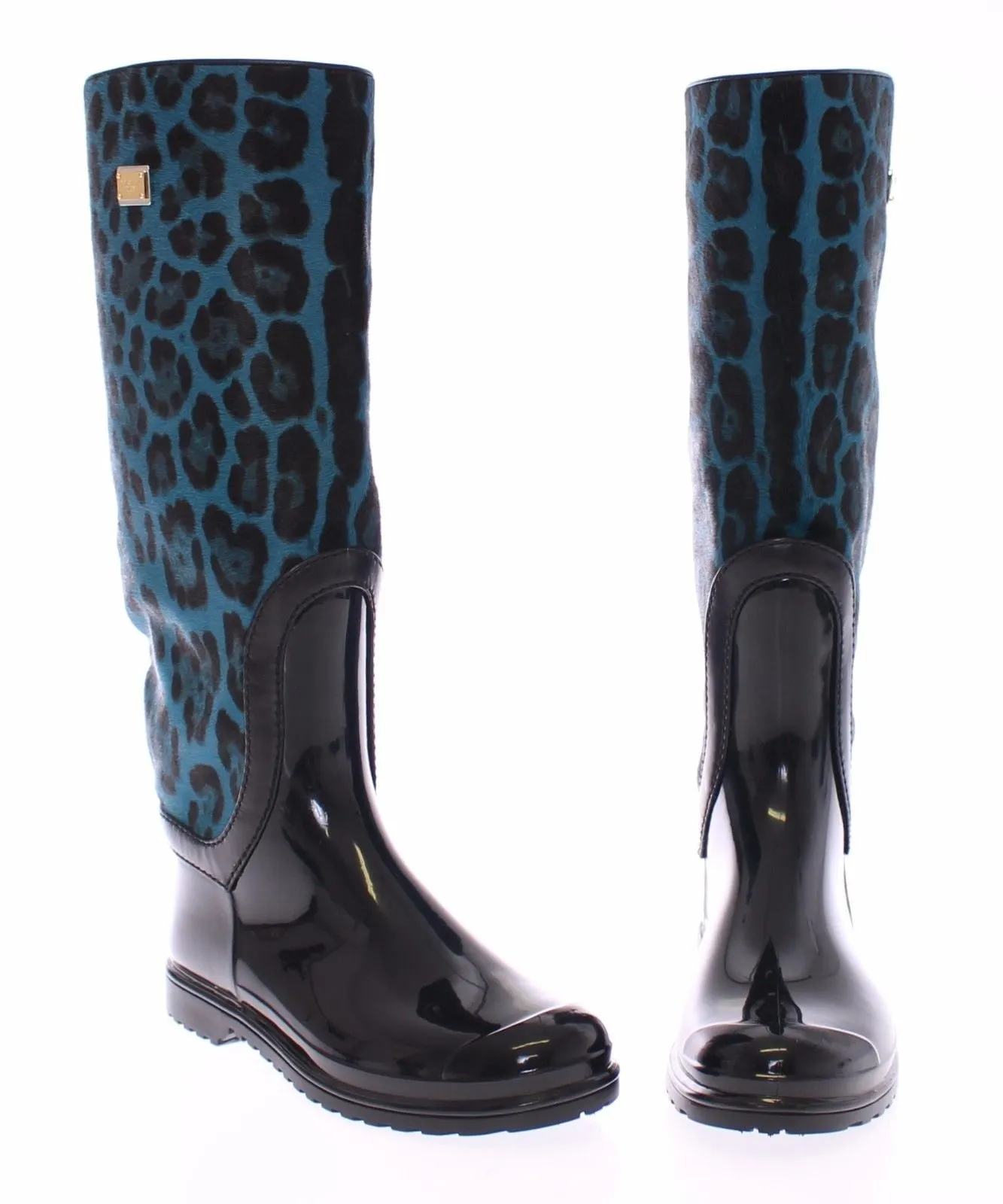 Black Rubber Blue Leopard Leather Rain Boots