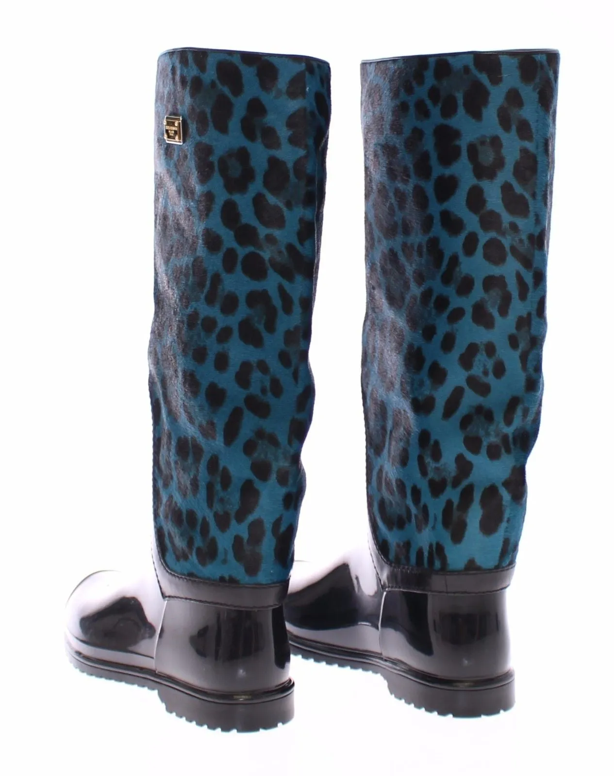 Black Rubber Blue Leopard Leather Rain Boots