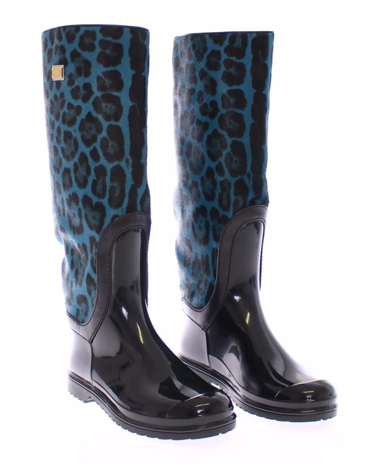Black Rubber Blue Leopard Leather Rain Boots