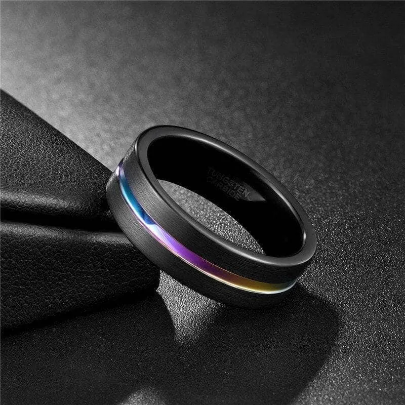 Black Tungsten Carbide Wedding Ring with Rainbow Line