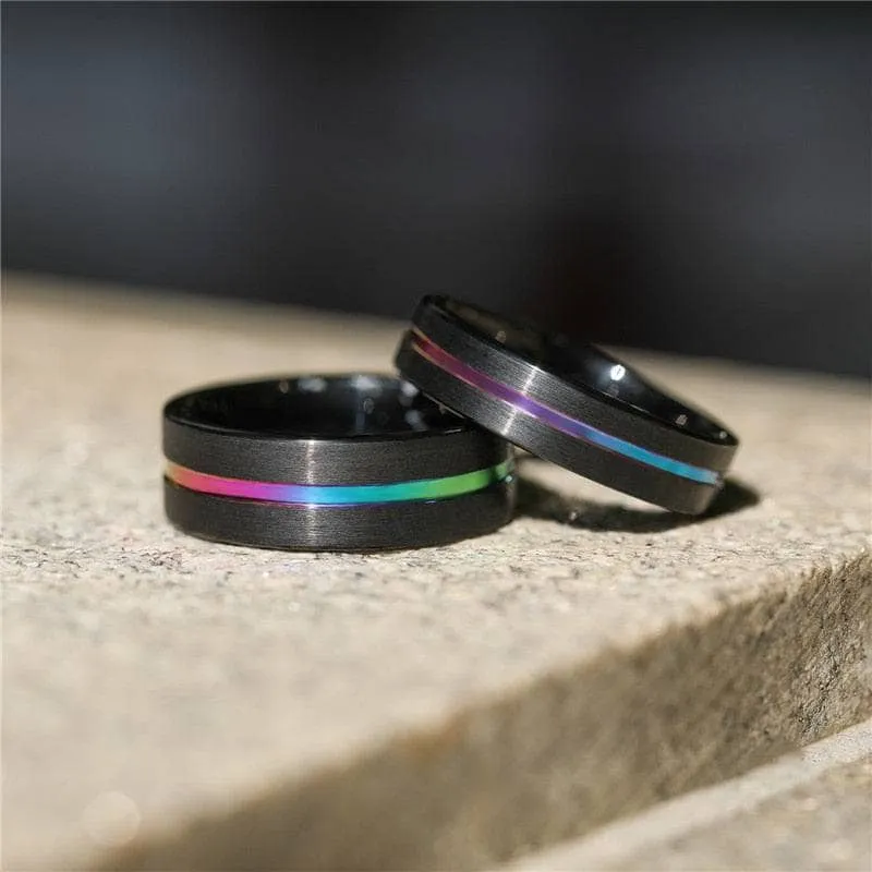 Black Tungsten Carbide Wedding Ring with Rainbow Line