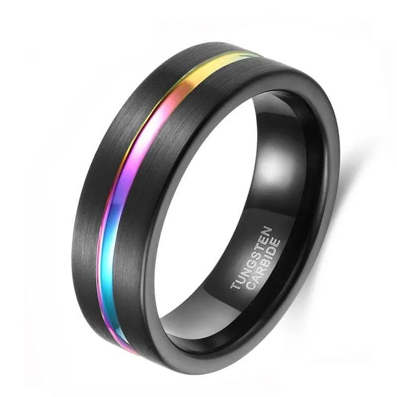 Black Tungsten Carbide Wedding Ring with Rainbow Line
