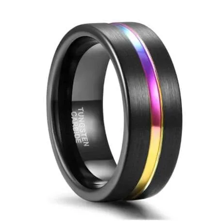 Black Tungsten Carbide Wedding Ring with Rainbow Line
