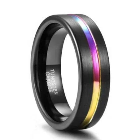 Black Tungsten Carbide Wedding Ring with Rainbow Line