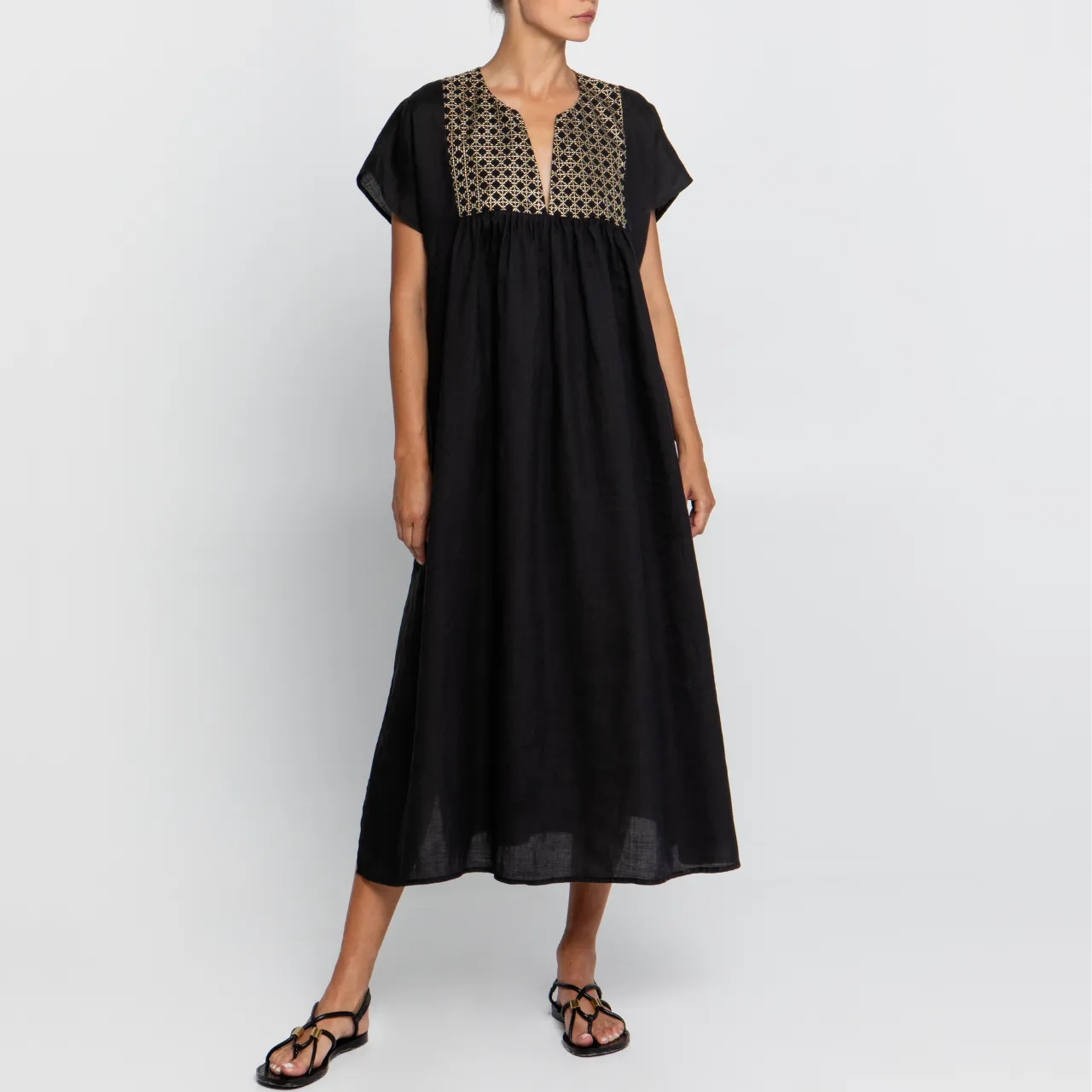 Black/Gold Embroidered Midi Dress