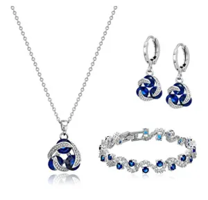 Blue Simulated Sapphire Zirconia Crystals Jewelry Set Pendant Necklace 18" Earrings Bracelet 18K White Gold Plated