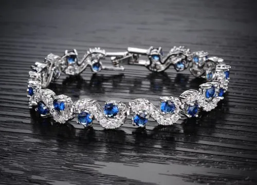 Blue Simulated Sapphire Zirconia Crystals Jewelry Set Pendant Necklace 18" Earrings Bracelet 18K White Gold Plated