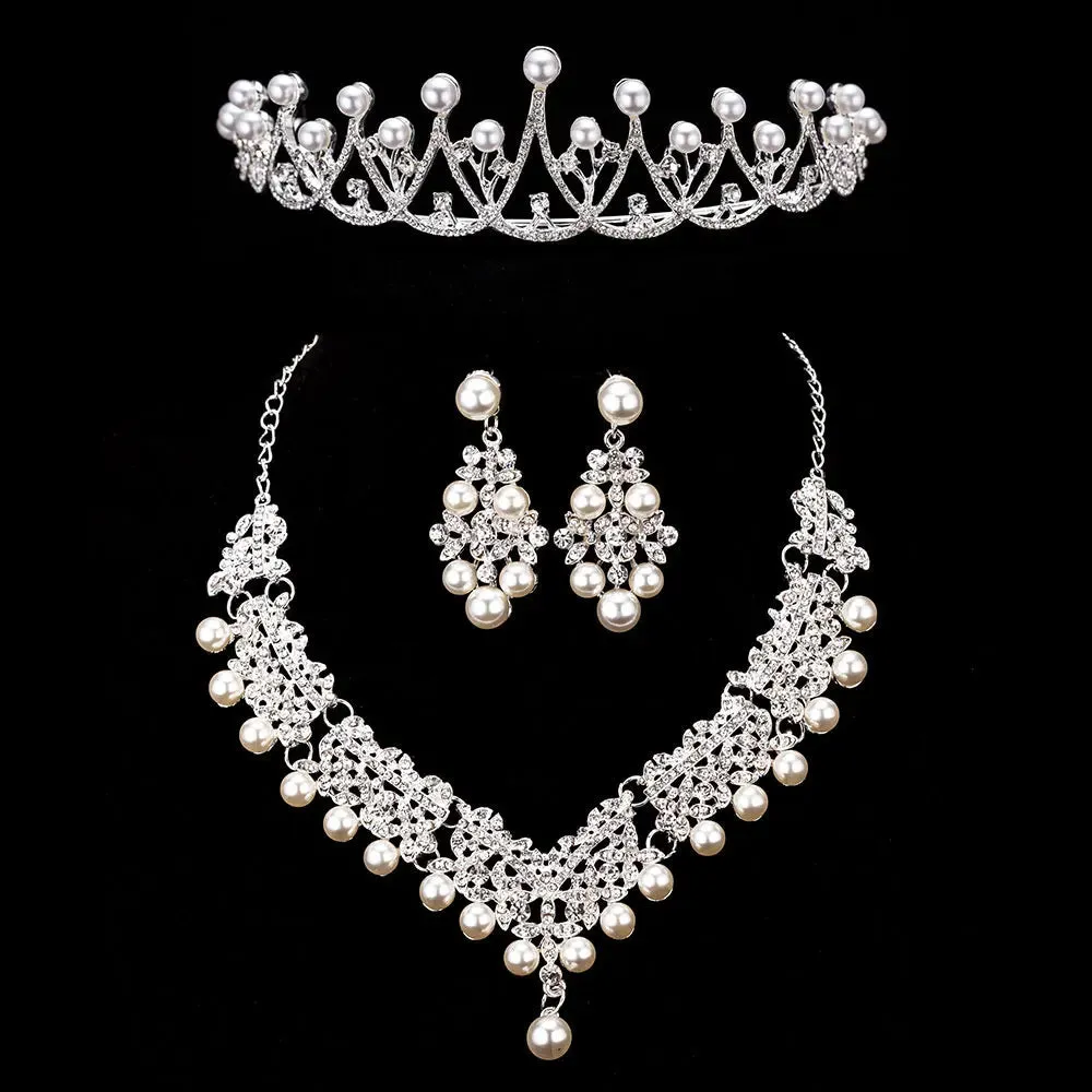 Bride Crystal Pearl Costume jewelery sets Rhinestone Choker Necklace Earrings Tiara Bridal Women Wedding Jewelry Set