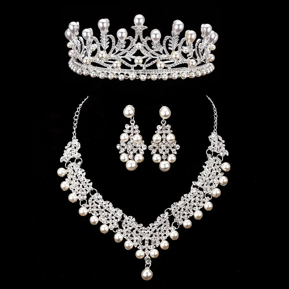 Bride Crystal Pearl Costume jewelery sets Rhinestone Choker Necklace Earrings Tiara Bridal Women Wedding Jewelry Set
