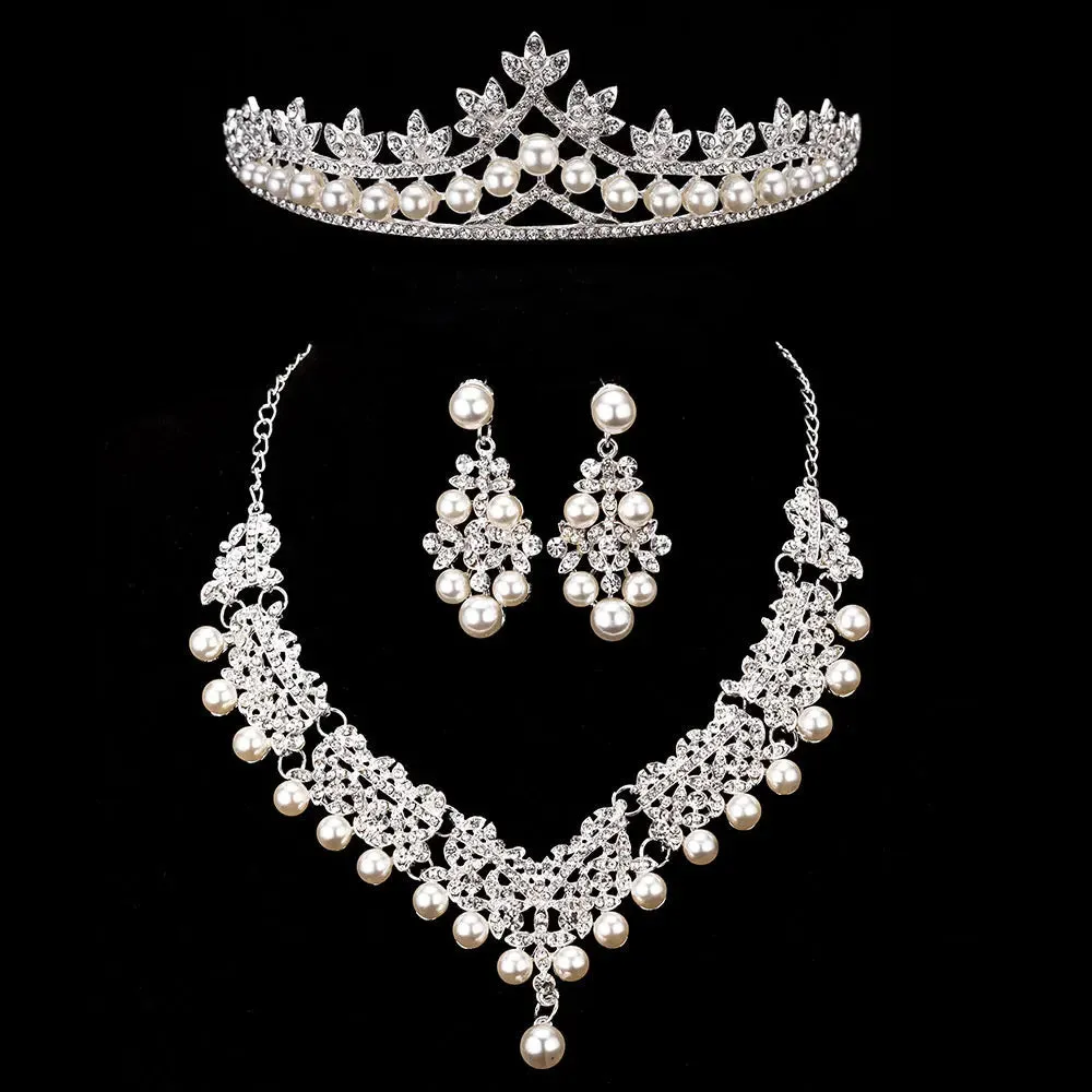 Bride Crystal Pearl Costume jewelery sets Rhinestone Choker Necklace Earrings Tiara Bridal Women Wedding Jewelry Set
