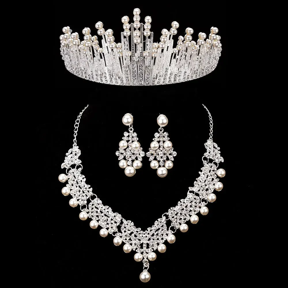Bride Crystal Pearl Costume jewelery sets Rhinestone Choker Necklace Earrings Tiara Bridal Women Wedding Jewelry Set