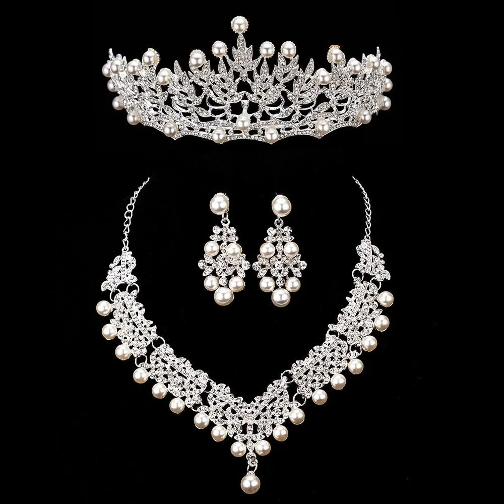 Bride Crystal Pearl Costume jewelery sets Rhinestone Choker Necklace Earrings Tiara Bridal Women Wedding Jewelry Set